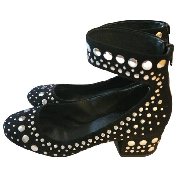 Cecelia New York Black Suede Ankle Strap Studded Block Heels Womens Sz 7 - Picture 3 of 13